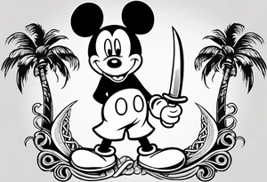 mickey mouse holding a kerambit knife in one hand and a rattan stick in the other hand with palm trees and the celtic symbol for family tattoo idea