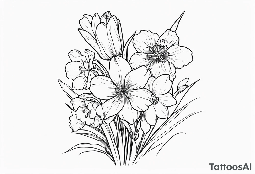 a tall, vertical minimalist style line art tattoo of a bouquet of violets, daffodils, gladiolus, and cosmos tattoo idea