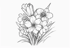 a tall, vertical minimalist style line art tattoo of a bouquet of violets, daffodils, gladiolus, and cosmos tattoo idea