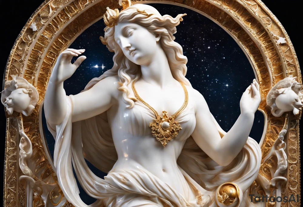 marble statue depicted in the process of breaking free from its stone confines, symbolizing the liberation of the mind and the pursuit of higher understanding. The statue's form, sculpted with meticulous detail, appears to be emerging from a celestial shell adorned with cosmic motifs and swirling galaxies. As the shell fractures, radiant beams of light pierce through, illuminating the surrounding space in a breathtaking display of enlightenment and awakening. In the background, a vast expanse of stars and celestial bodies stretches into infinity, evoking a sense of wonder and boundless potential. This tattoo serves as a powerful metaphor for breaking free from limitations and embracing the expansive universe of knowledge and possibility. tattoo idea