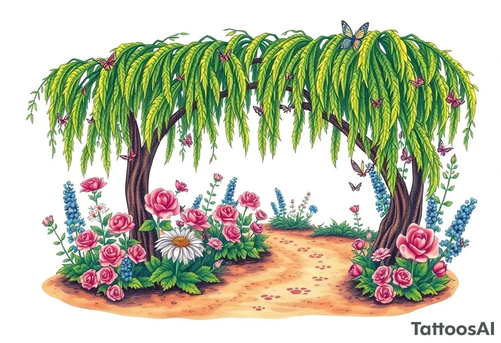 weeping willow garden with roses and liles flower beds. fantasy creatures, fairies, mermiads, dragons butterflies,  cat paw prints path in dirt. tattoo idea