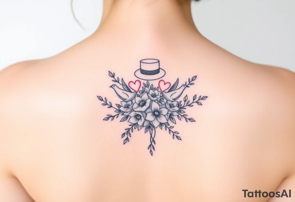 A floral wedding bouguet with hearts, doves, top hat and veil. tattoo idea