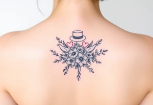 A floral wedding bouguet with hearts, doves, top hat and veil. tattoo idea