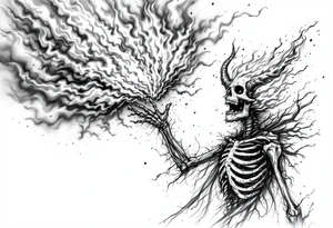 Flaming satan skeleton trying to reach up to heaven tattoo idea