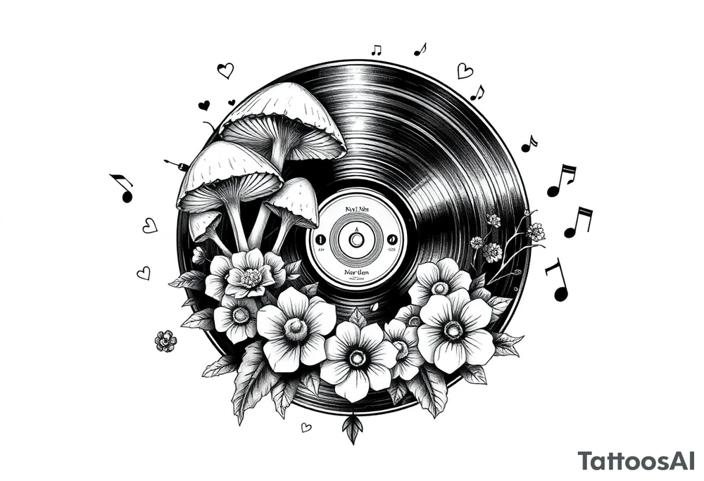 vinyl record with mushrooms, flowers, hearts, and music notes tattoo idea
