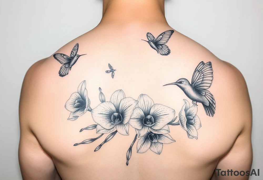Butterflies and hummingbirds flying over orchids tattoo idea