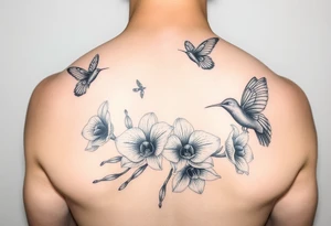Butterflies and hummingbirds flying over orchids tattoo idea