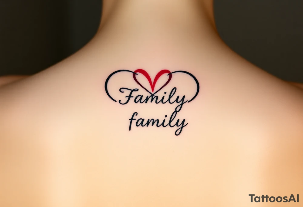 An infinity symbol with a colorful heart-shaped infinity loop, and the word "family" elegantly placed at the center in a soft script tattoo idea