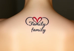 An infinity symbol with a colorful heart-shaped infinity loop, and the word "family" elegantly placed at the center in a soft script tattoo idea