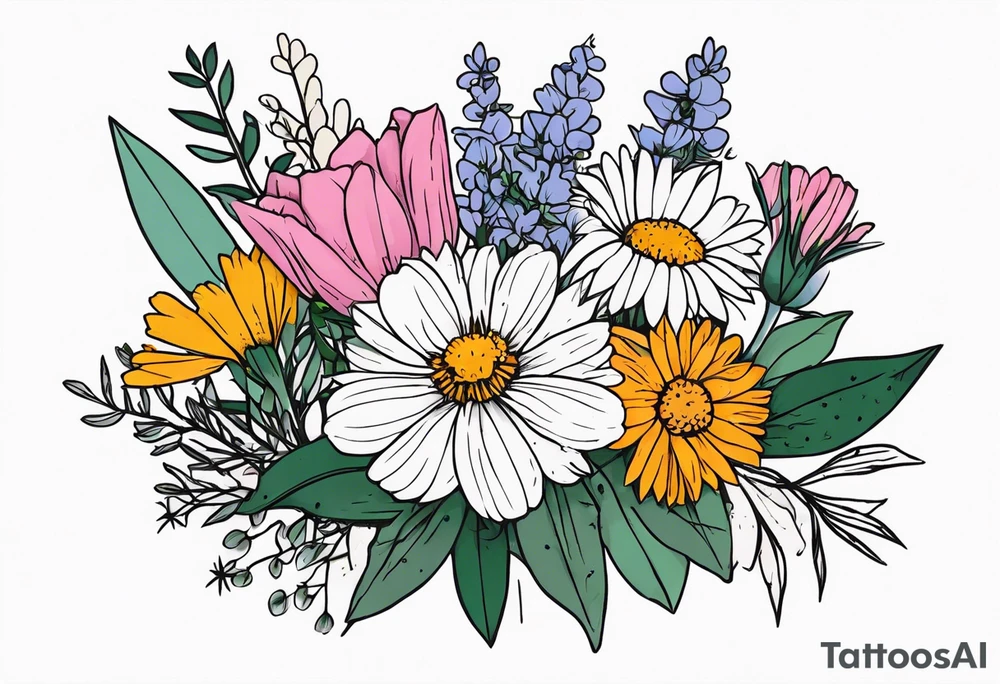 saturated mixed wildflower bouquet detailed with color tattoo idea