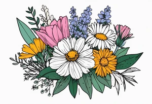 saturated mixed wildflower bouquet detailed with color tattoo idea