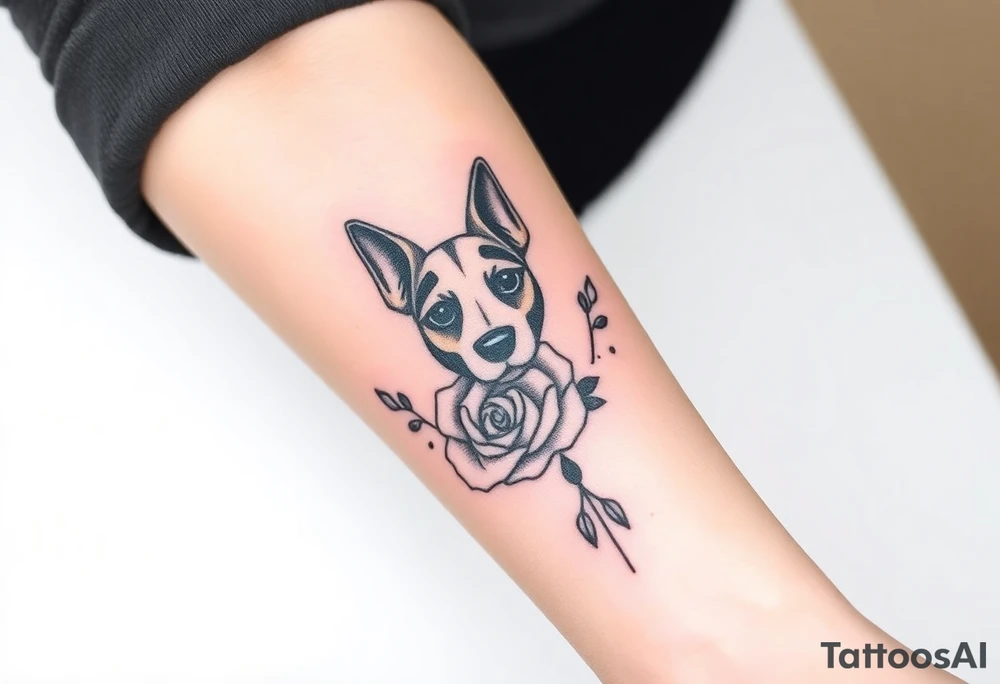Cute female  large hound dog mix Brindle dog with the name kiwi . And a tiny rose around her . With her ears pointy a little big tattoo idea