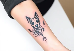 Cute female  large hound dog mix Brindle dog with the name kiwi . And a tiny rose around her . With her ears pointy a little big tattoo idea