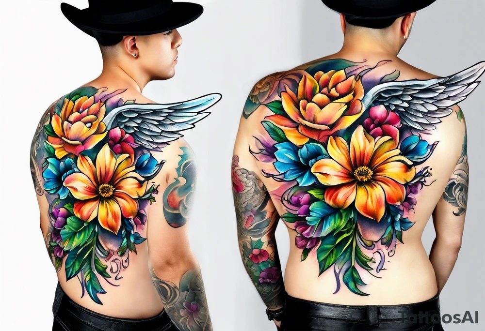Flowers around a cross with angel wings tattoo idea