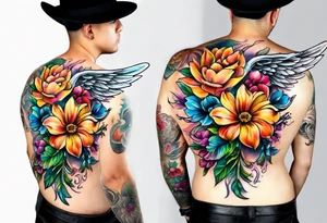 Flowers around a cross with angel wings tattoo idea