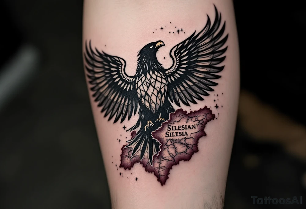 Silesian Eagle and a Map of Silesia – A detailed black eagle in flight, with its wings partially merging into a faded vintage-style map of Silesia. The borders of the region are highlighted in deep red, symbolizing history and unity. tattoo idea