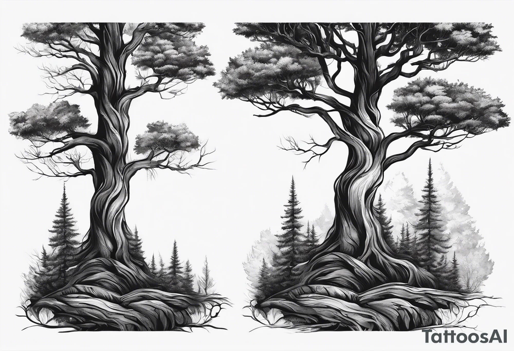 3 Forest trees growing out of the same root tattoo idea