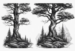 3 Forest trees growing out of the same root tattoo idea