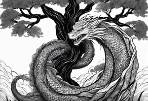 Jormungandr wrapped around world tree with water enveloping tattoo idea