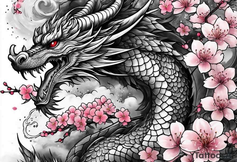 dragon with  cherry blossoms  and soot sprites tattoo idea