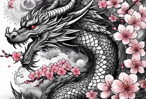 dragon with  cherry blossoms  and soot sprites tattoo idea