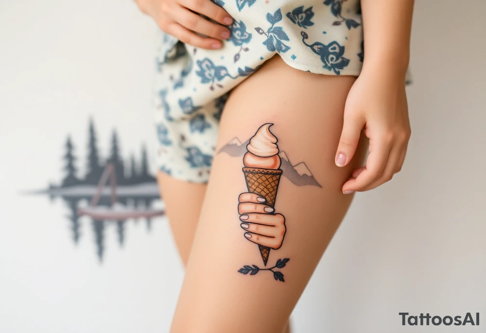 Little blond girl holding an ice cream cone but the ice cream has fallen off in front of a lake and mountain tattoo idea