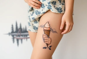 Little blond girl holding an ice cream cone but the ice cream has fallen off in front of a lake and mountain tattoo idea