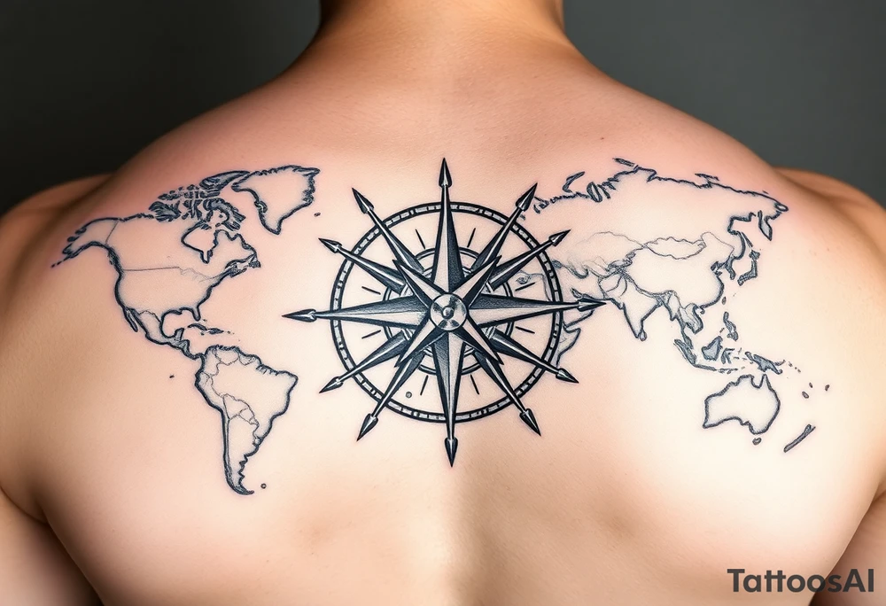 antique compass rose overlaid on weathered world map with sailing ships tattoo idea