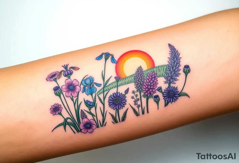 a bunch of cutleaf coneflower, blue flag iris, bee balm, obedient plant, purple coneflower on a hill with grass with a beautiful sunset tattoo idea