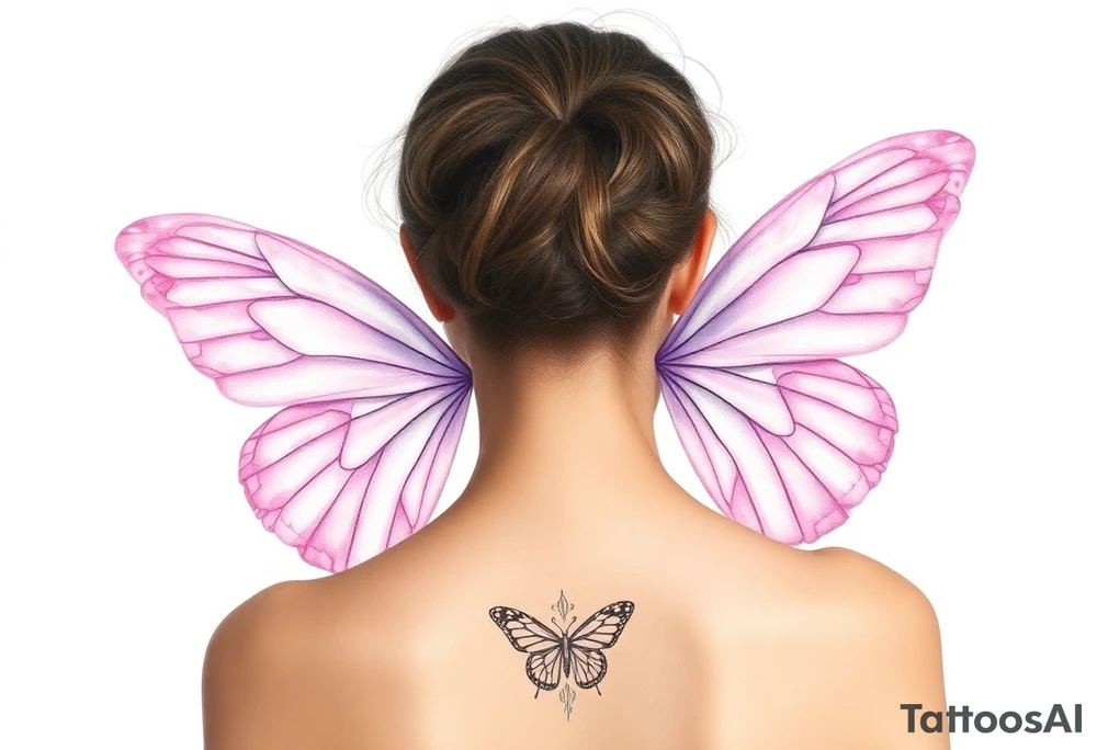 A dreamy portrait of a woman with delicate butterfly wings, in soft lavender, pink, and pearl white hue with the word Virgo above her head tattoo idea