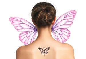 A dreamy portrait of a woman with delicate butterfly wings, in soft lavender, pink, and pearl white hue with the word Virgo above her head tattoo idea