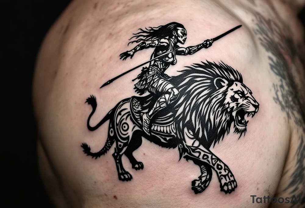 African tribal warrior riding on top of lion into battle tattoo idea