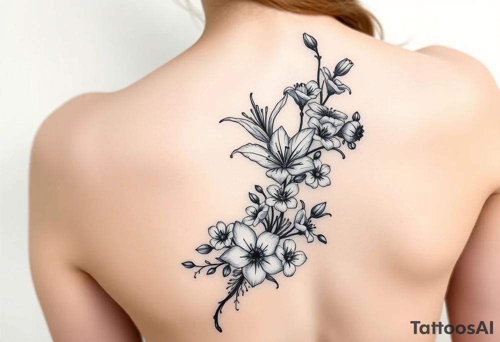 spider lily plants with cherry blossoms in a floral wrap on the arm tattoo idea