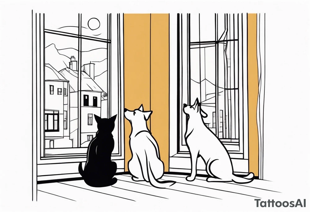 dog and cat sitting on floor and looking out tall thin window together tattoo idea
