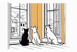 dog and cat sitting on floor and looking out tall thin window together tattoo idea