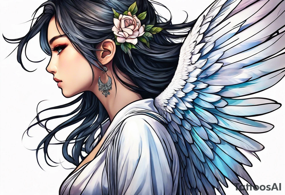 girl angel side profile, with wings, with floating halo, anime style tattoo idea