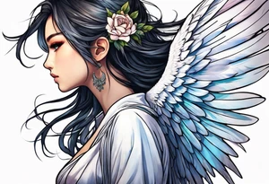 girl angel side profile, with wings, with floating halo, anime style tattoo idea