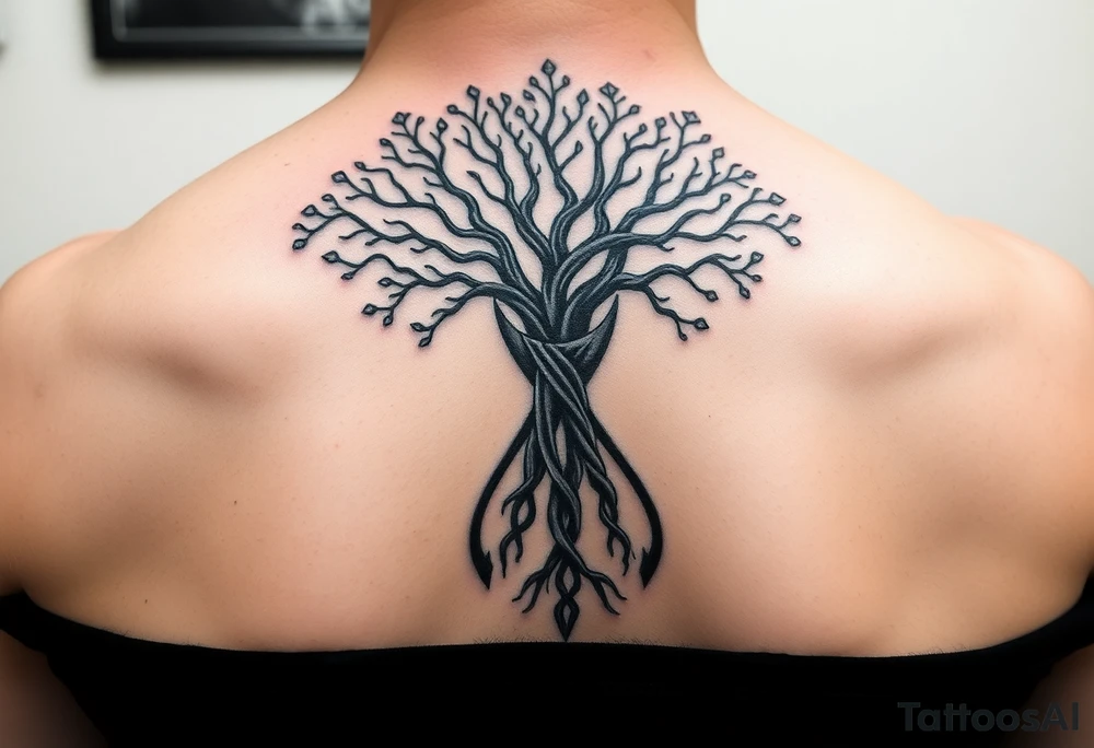 HIV positive symbol with mystical tree of life with cosmic roots and celestial branches tattoo idea