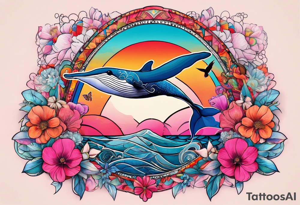 Small whale, hummingbird, face, flowers, bold color, collage, pink, orange, red, hot air balloon tattoo idea