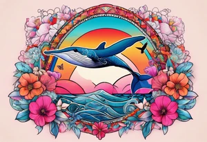 Small whale, hummingbird, face, flowers, bold color, collage, pink, orange, red, hot air balloon tattoo idea