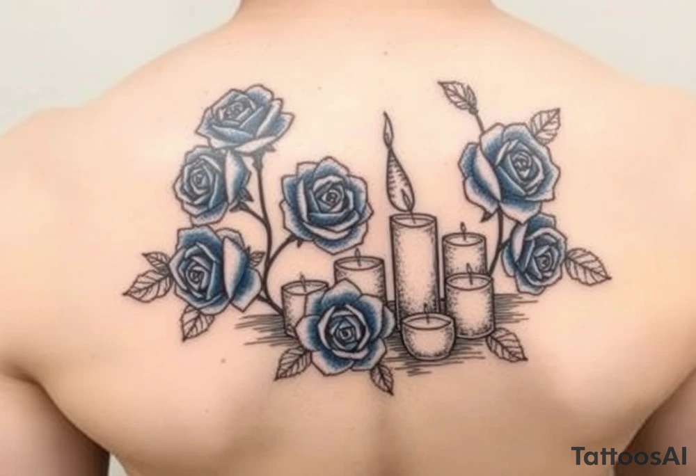 Blue roses and candles, water, name tattoo idea