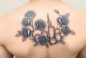 Blue roses and candles, water, name tattoo idea