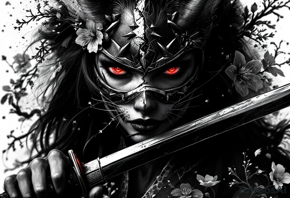 Woman samurai with red eyes wearing an half and broken kitsune mask, holding katanas and Sakura flowers ornement tattoo idea