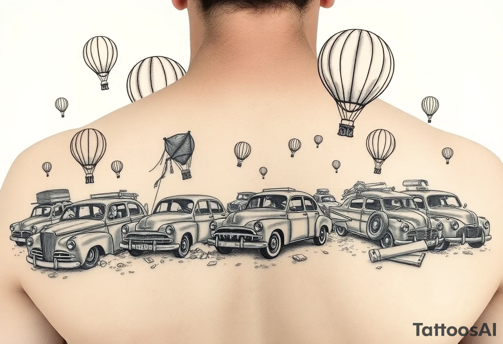 in a very steam punk vibe i want you to make a picture of a bunch of old beat up cars with people lounging in them and garbage and junk all up in and on them, tied to hot air balloons floating in the sky right about dusk and they are as far as the eye can see tattoo idea