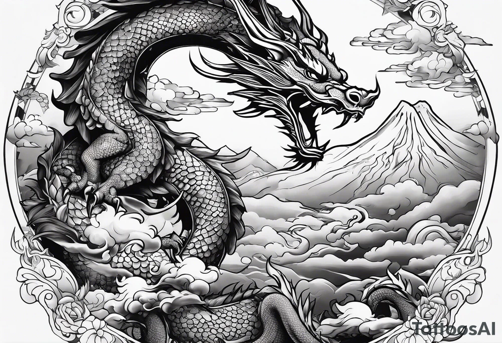beautiful warrior nymph riding a dragon and the background will be mountains, clouds, and a Japanese building tattoo idea