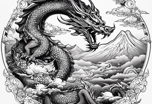 beautiful warrior nymph riding a dragon and the background will be mountains, clouds, and a Japanese building tattoo idea
