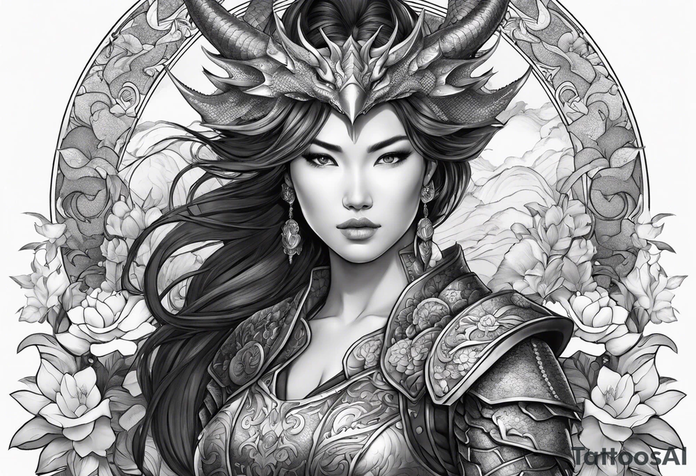 beautiful warrior woman wearing dragon armor and a floral background and a dragon a full picture tattoo idea
