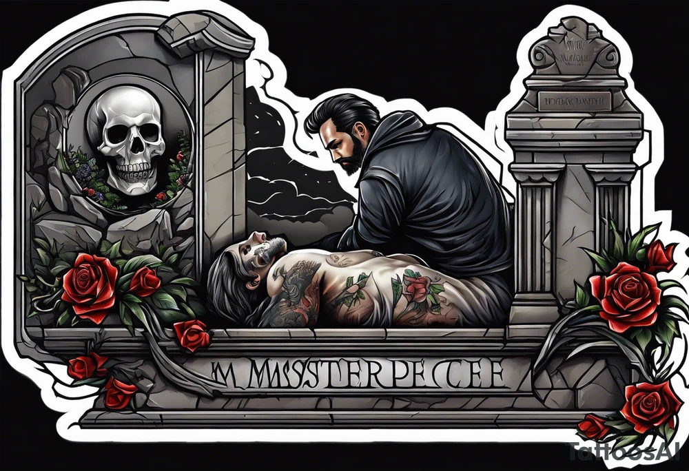 Man crawling out of grave. 
MIW Reincarnate written on gravestone tattoo idea