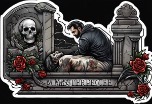 Man crawling out of grave. 
MIW Reincarnate written on gravestone tattoo idea