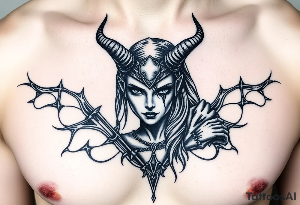 Feminine Tattoo dark female warrior with realistic horns just barley touching collarbone with a lot of shading tattoo idea